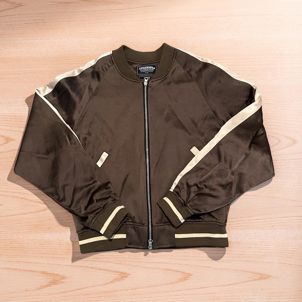 Frizmworks Viscose Satin Bomber Jacket Olive Brown Racing Stripe Mens Medium